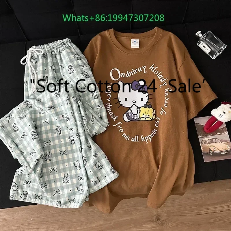 

Summer Hello Kitty Ladies Cotton Pajamas Brown Two-piece Set Short Sleeve Trousers Cute Hello Kitty Comfortable Loose Pajamas
