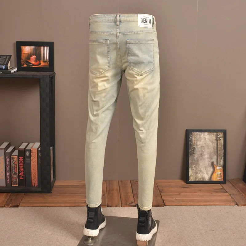 2023 Summer Thin Retro Nostalgic Cropped Jeans Men's Fashion Brand Stretch Slim Fit Skinny Yellow Mud Casual Men's Trousers
