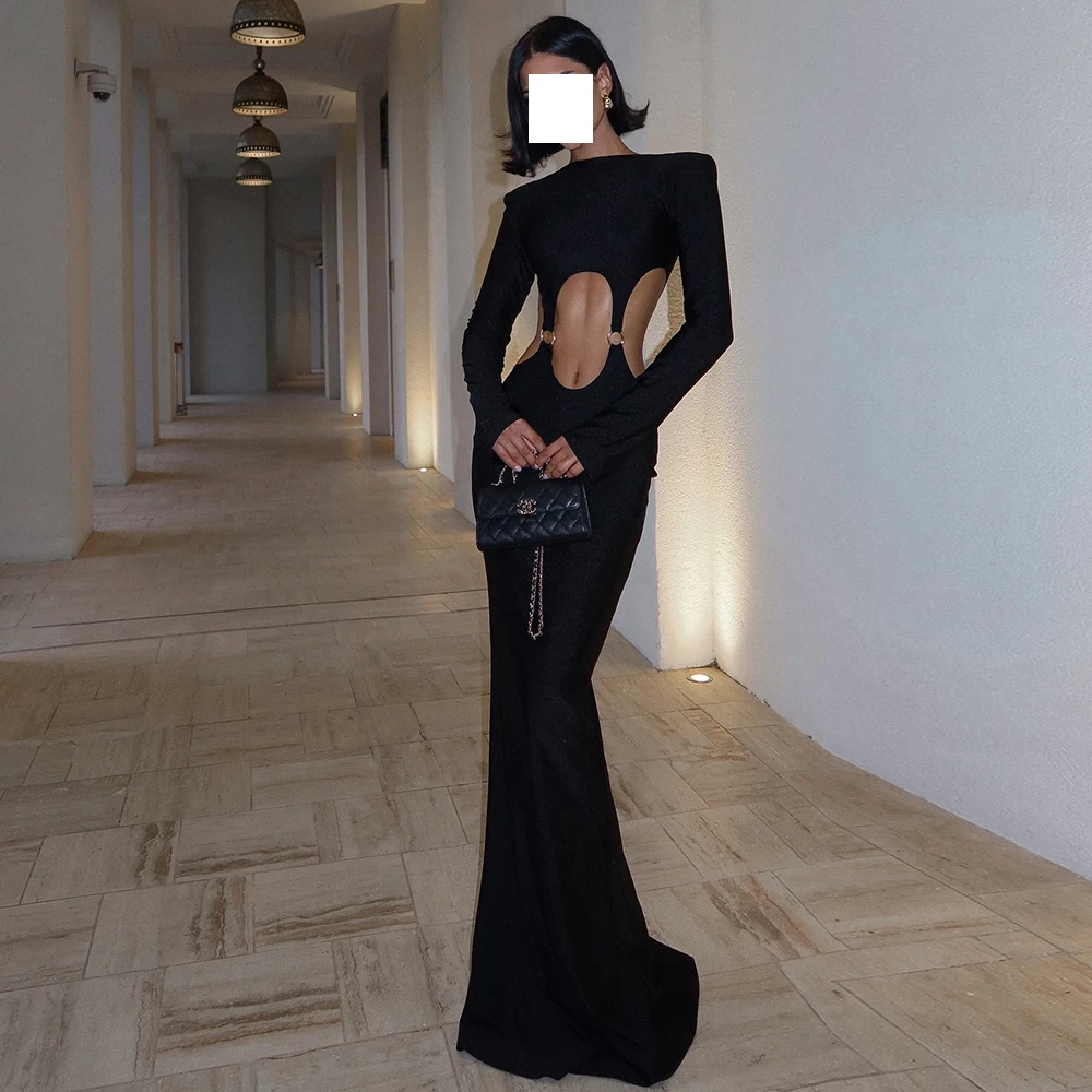 

Mermaid Classic Solid Black Color Jersey Evening Dresses Pleats Floor Length Crew neck Long Sleeves Custom Size Vestido De Noche