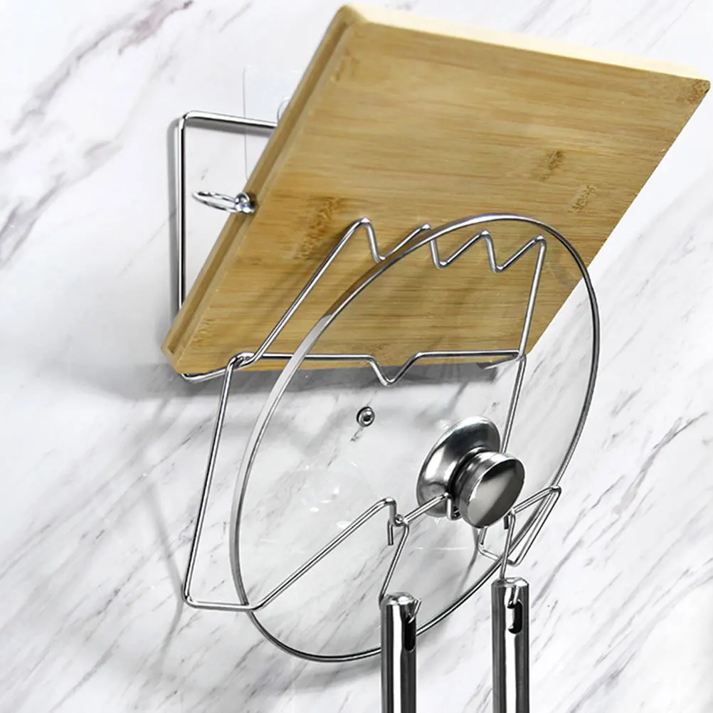 

1Pcs Kitchen Cutting Board Rack Stainless Steel No Punching Wall Mounted Pot Cover Holder Moisture Resistant Strong Bearing