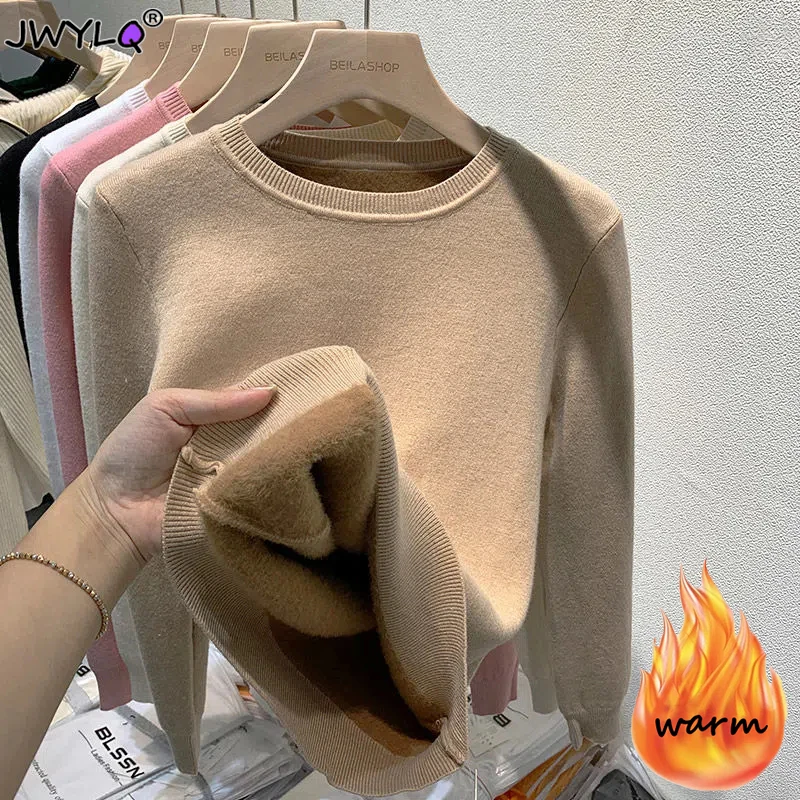 

Winter O-neck Long Sleeve Thick Warm Women Sweater All-match Slim Fleece Soft Pullover Sweater Casual Soft Inner Knitted Sweater