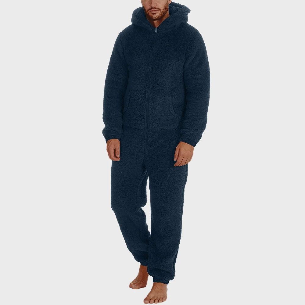 Men New Warm Hooded Pajamas Winter Adult Casual Jumpsuits Couple Zipper Warm Fleece Slim Sleepwear One-Piece Sleep Lounge Pajama