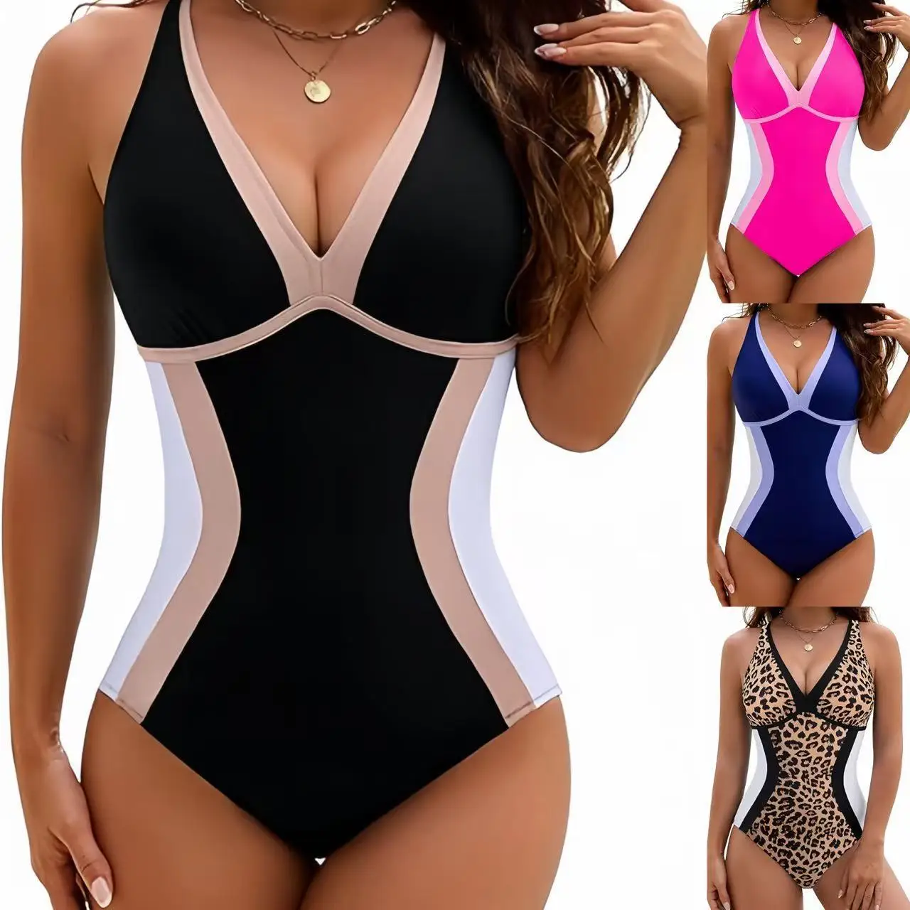 Women's One Piece Swimsuit Contrast Color Leopard Bodysuit Summer Fashion Slim Female Beachwear Slim Fit Sexy Bathing Suit