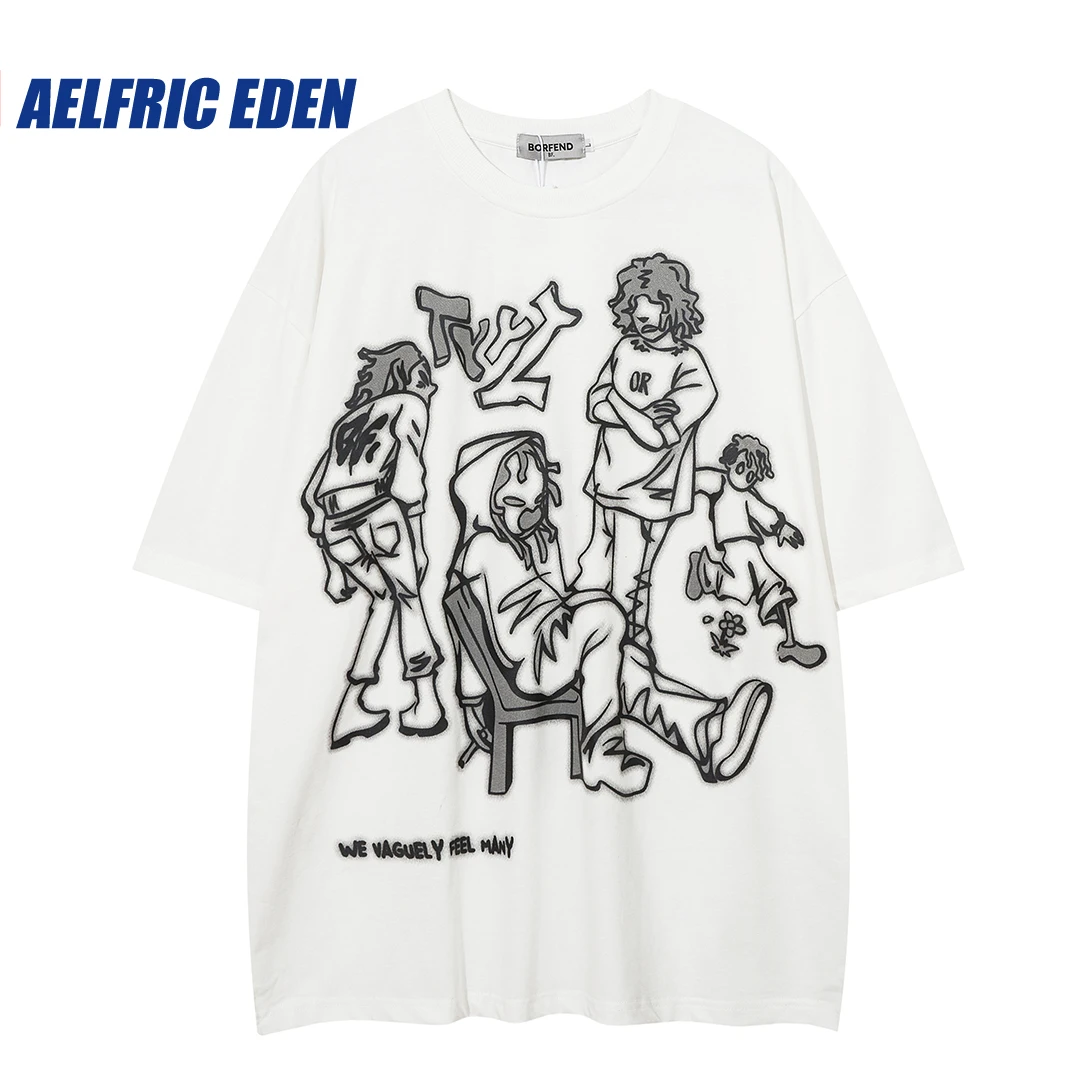 Aelfric Eden Mens Casual Y2K Cartoon Line Character Print T-shirts Harajuku Hip Hop Streetwear Anime Graphic Tshirts Cotton Tops