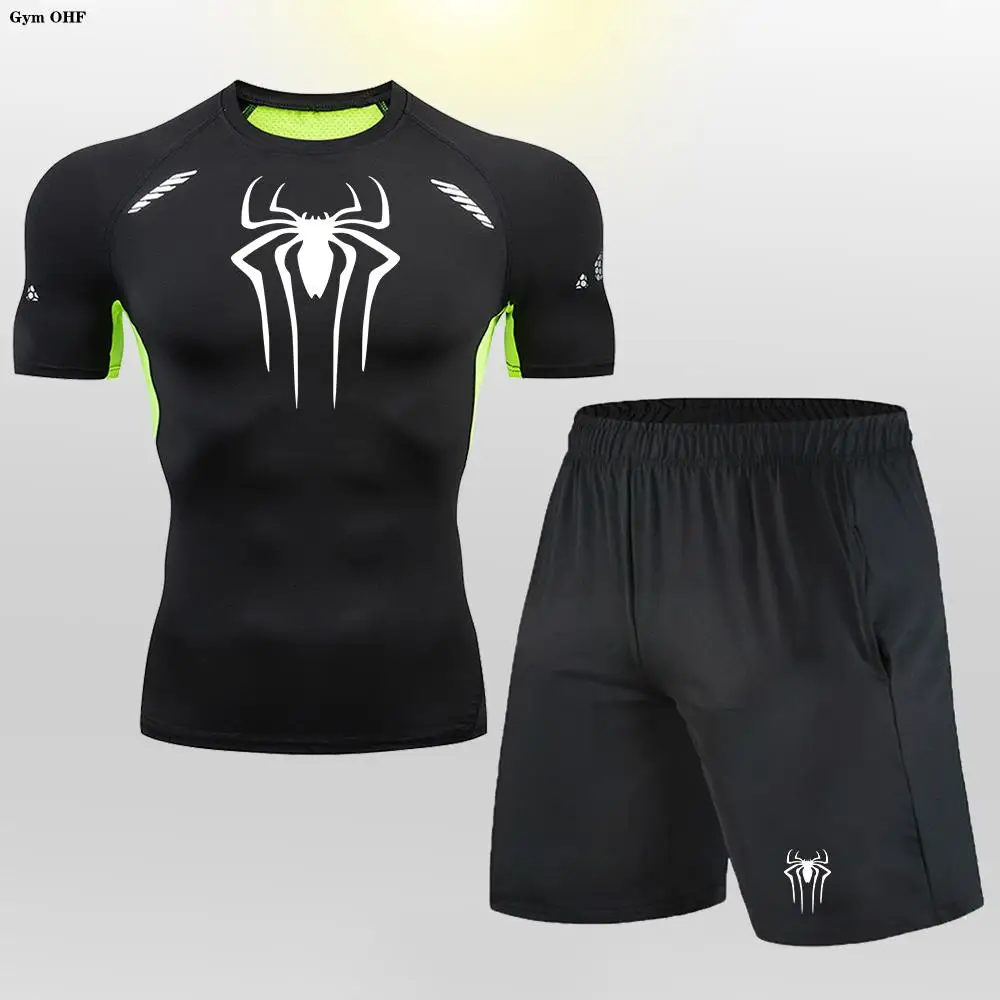Spider Men T Shirt Shorts Set Compression Sport Suit Mens Clothes Running Tracksuit Wear Exercise Workout Tights Man