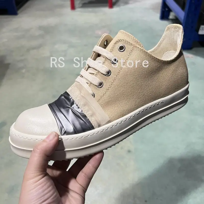 

Ro Luxury Men Casual Shoes Khaki Canvas Silver Pleated Low Top Shoe Sneaker Thick Sole Lace Up Luxury Women Sneakers