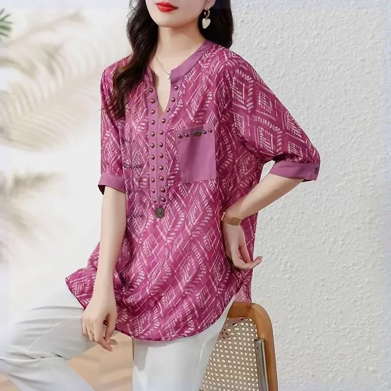 

Women's Clothing Half Sleeve Vintage Temperament Printed Blouse Summer Loose All-match V-Neck Beading Spliced Shirt for Female