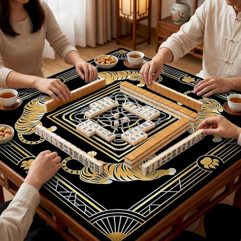 VIKAMA Black Gold Four Tigers Mahjong Game Mat Domino Poker Table Mat Anti slip Silent Table Mat Home Decoration
