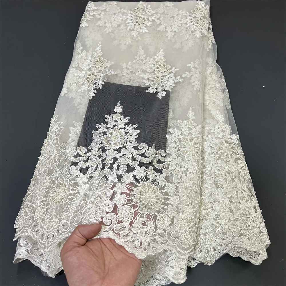 

African Nigerian Tulle Lace Fabric,High Quality，Sequins EmbroideryBeaded, French GuipureWedding Party Dress, 5Yards, 2024