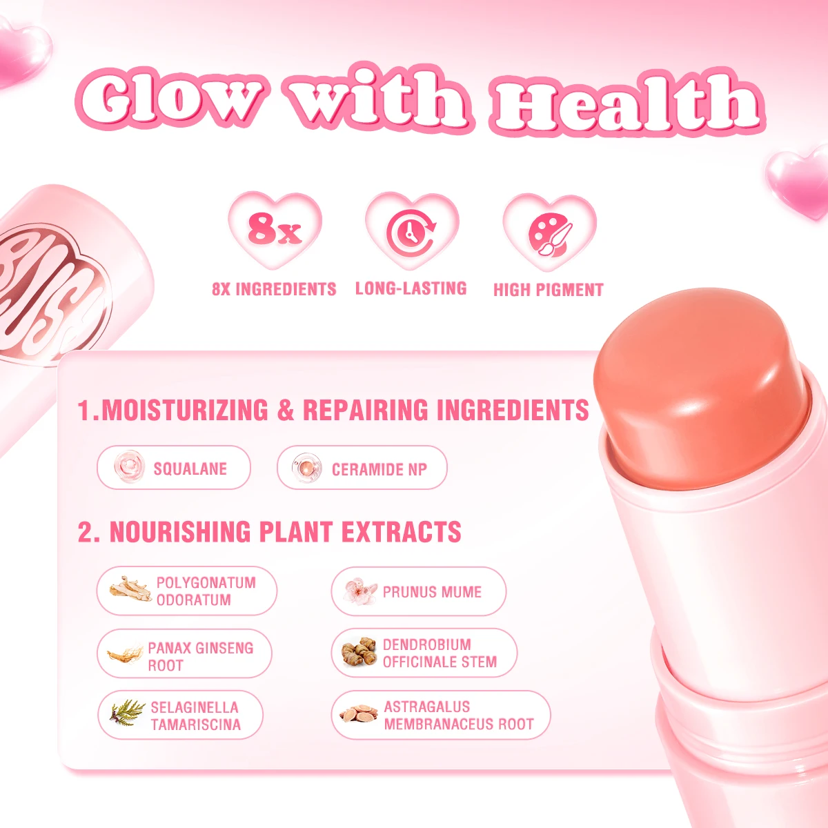 PINKFLASH Multi-Use Watery Blush Stick Blendeable High Pigment Long-lasting Moisturizing Face Blusher Contour Makeup Cosmetics