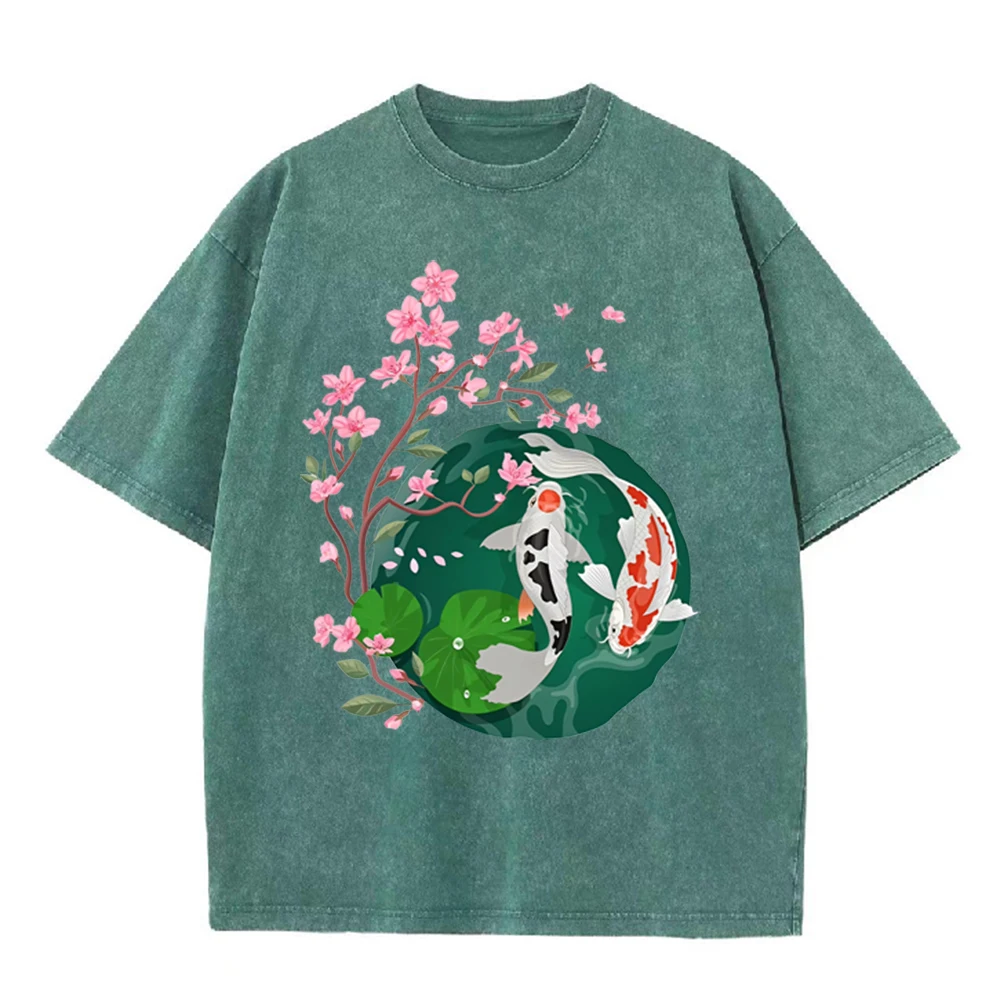 2026 Vintage Washed Black Koi Fish Cherry Blossom Graphic T Shirt Oriental Lotus Print Oversized Casual Short Sleeve Tee
