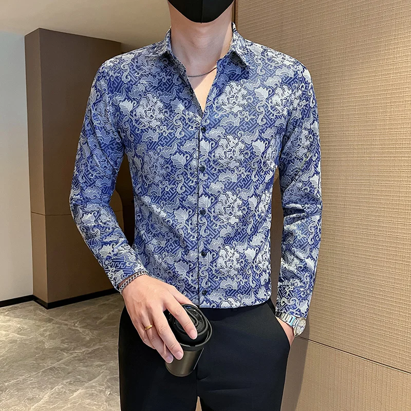 

British Style Printed Casual Shirt for Men Autumn Winter Long Sleeve Business Social Dress Shirts Vintage Party Tuxedo Blouse