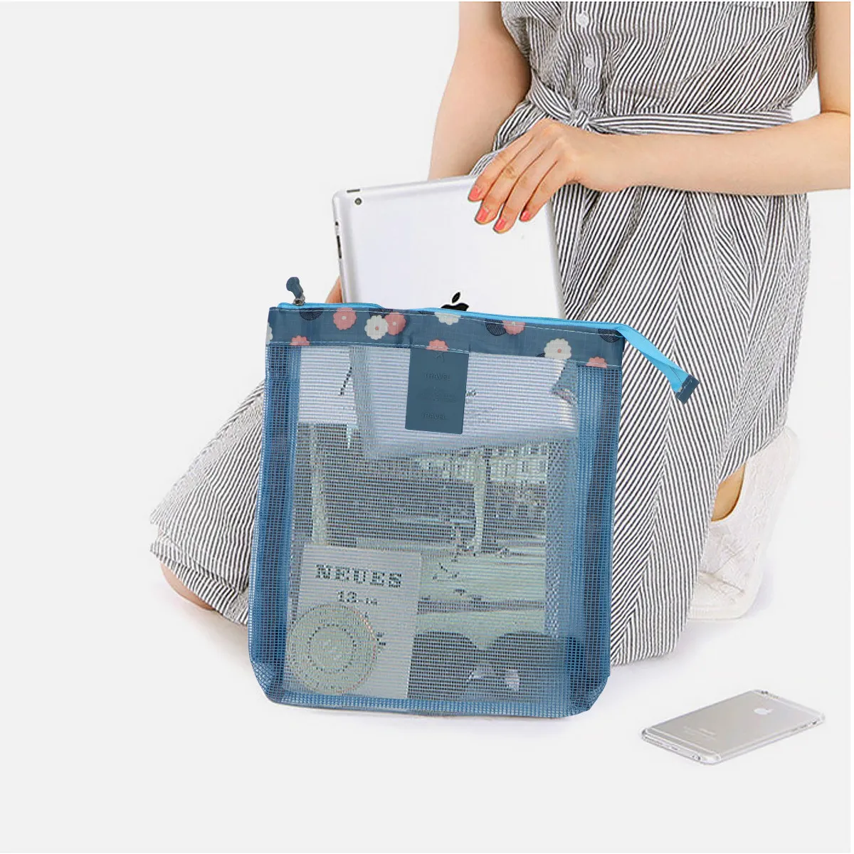 

Набор из 2-х легких портативных пляжных сумок-сеток большой вместимости для хранения мелочей, купальников, полотенец, бутылок с водой, с функцией слива песка