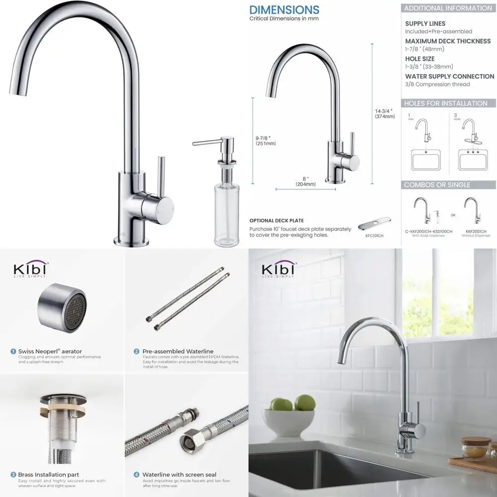 KIBI KKF2001 Grifo monomando para fregadero Lowa con caño giratorio de 360 grados | Grifo de cocina de un solo orificio de alto arco con aleta cromada