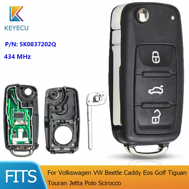 KEYECU Remote Car Key 434MHz 5K0837202Q for Volkswagen VW Beetle Caddy Eos Golf Tiguan Touran Jetta Polo Scirocco 5K0 837 202 Q