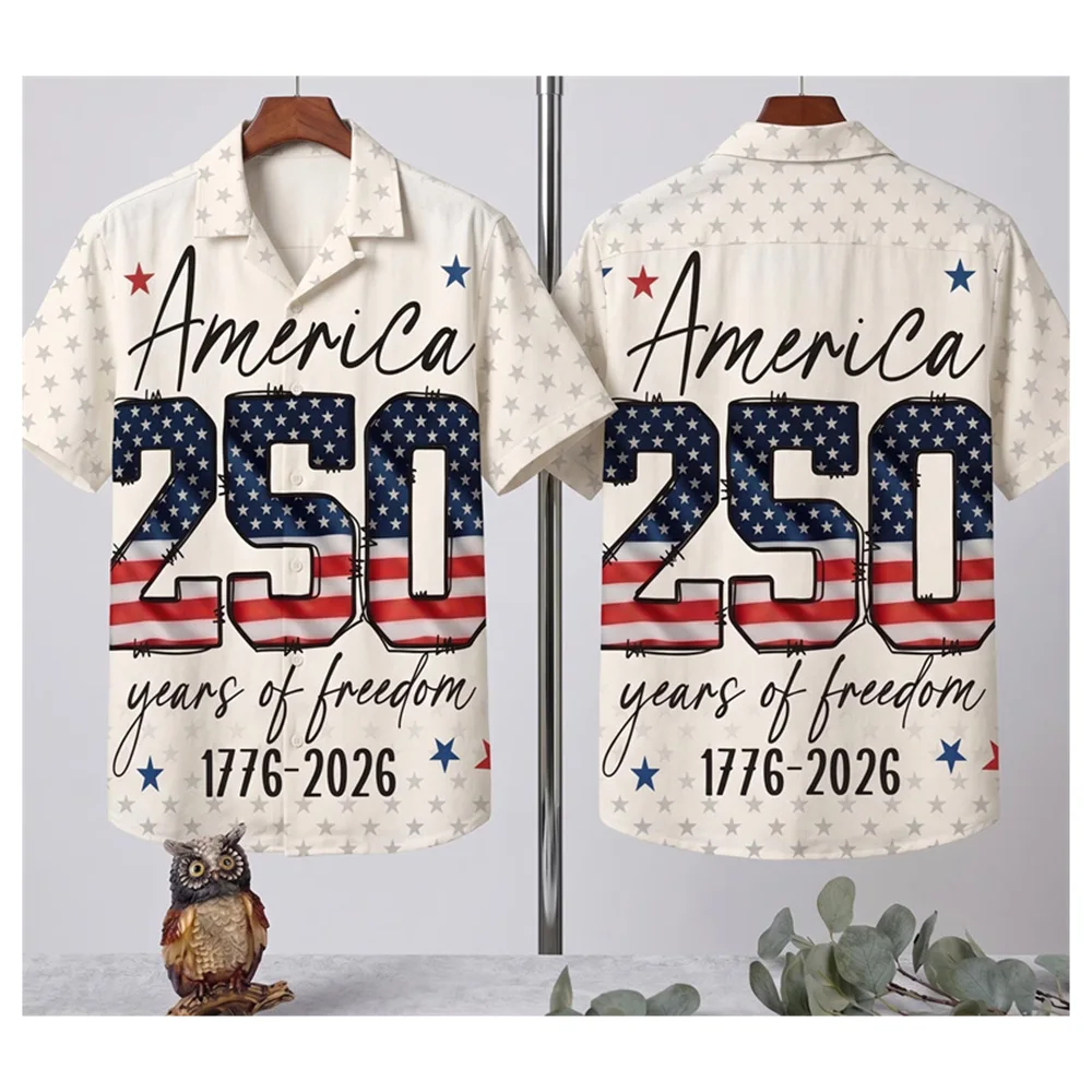 America 250 1776-2027 Retro Patriotic Shirt For Men Lapel Short Sleeve Single Breasted Oversized Shirts Personality Pop July 4
