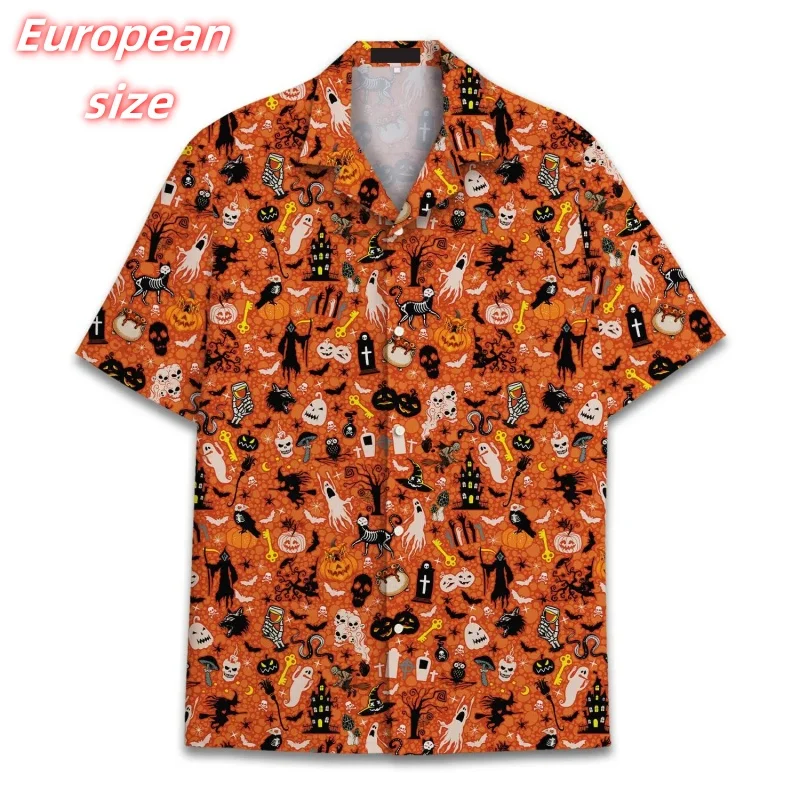 

Halloween Pumpkin Pattern Hawaiian Shirt For Men Colorful Geometry 3D Print Aloha Shirts Summer Loose Tops Blouses Short Sleeves