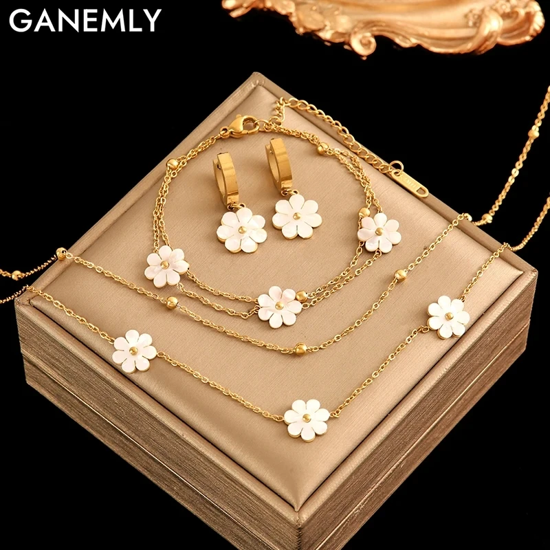 GANEMLY 316L Stainless Steel Cute White Flowers Necklace Earrings Bracelet Set For Women Fashion Waterproof Jewelry Set Gift