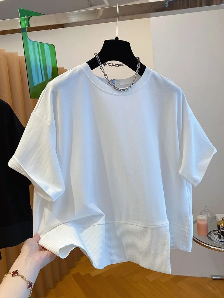 เสื้อยืดผู้หญิงไซส์ใหญ่ ทรงหลวม คอกลม แขนสั้น ดีไซน์ไม่สมมาตร ตัดต่อผ้า สไตล์ลำลอง แฟชั่นเกาหลี ใส่เป็นเสื้อตัวในได้