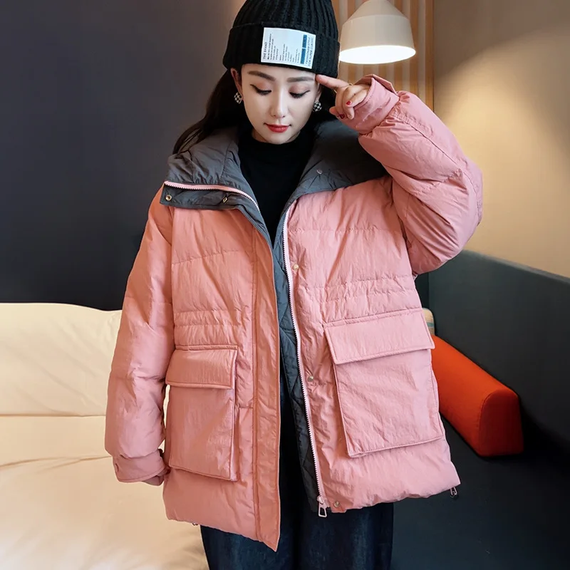 Women's Short Down Puffer Coats, Color Clash, Simple Casual Loose Parka, Thick Warm Hooded Snow Jackets, Winter Outerwear, New