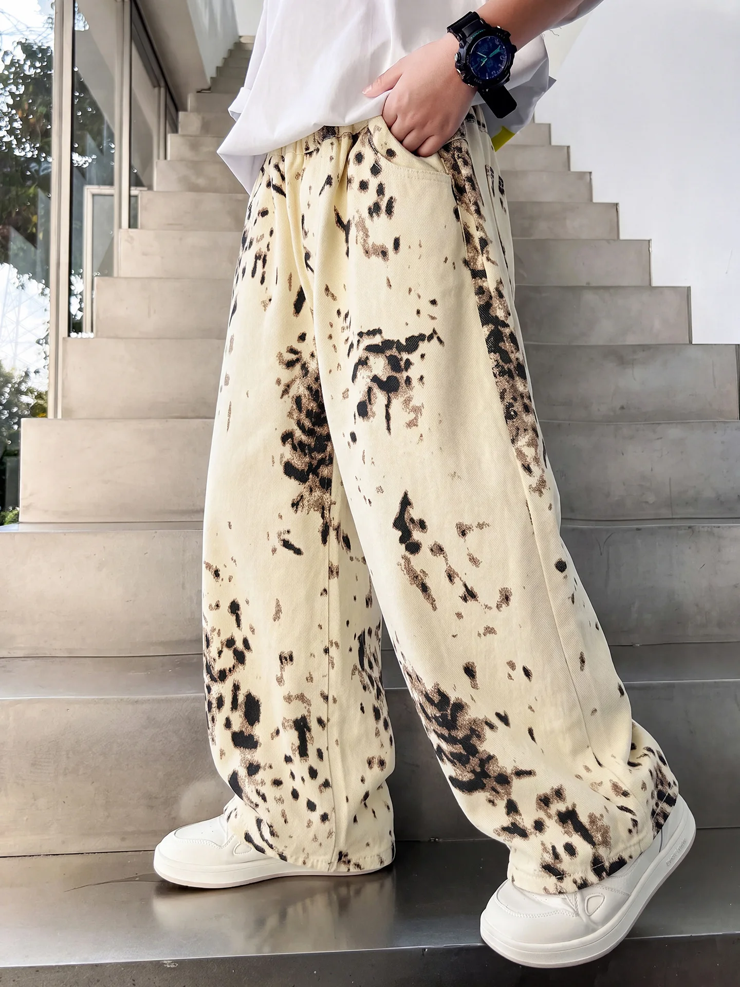 2-9T spring autumn child kids boys cotton Leopard mid waist wide leg jeans