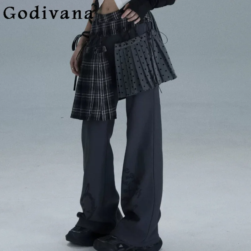 Spring Summer New Plaid Print Apron Dark Gray Trousers Fashion Girl Splicing High Waist Irregular Personalized Street Pants