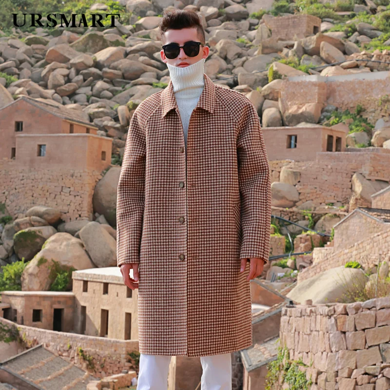 Men's Double-Sided Wool Coat  Long Fashionable Thousand Bird Check with Detachable Down Liner for Winter