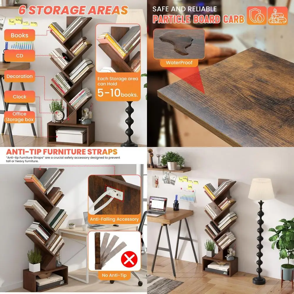 

Деревенская коричневая 7-ярусная высокая узкая книжная полка с местом для хранения вещей, идеально подходящая для домашнего офиса или жизни