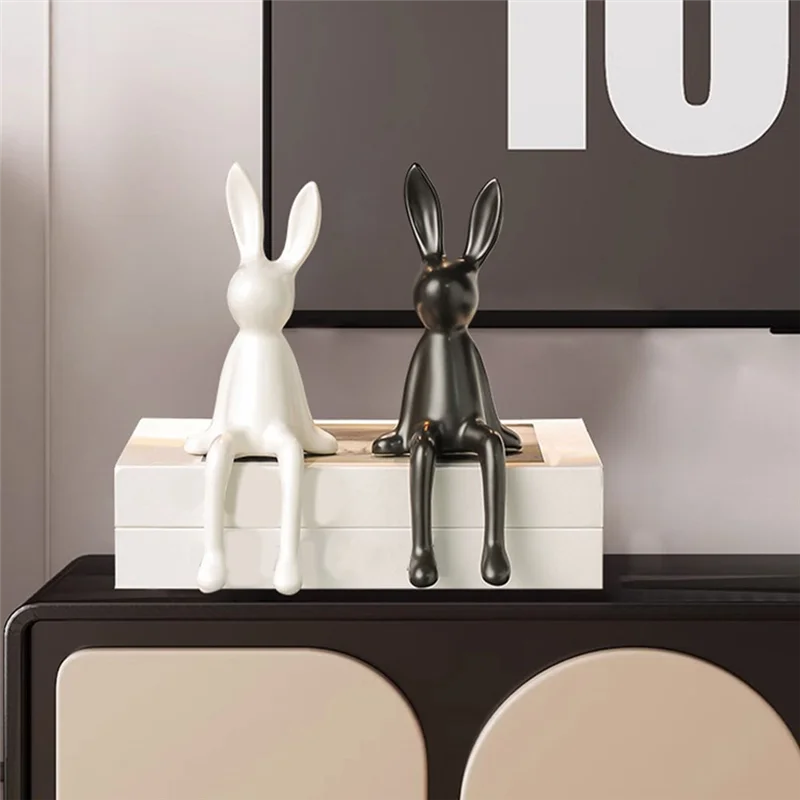 ABFU-Long Eared Cute Sitting Bunny Statue Decor Room Figurine For Desk Bookshelf Gift For Friends