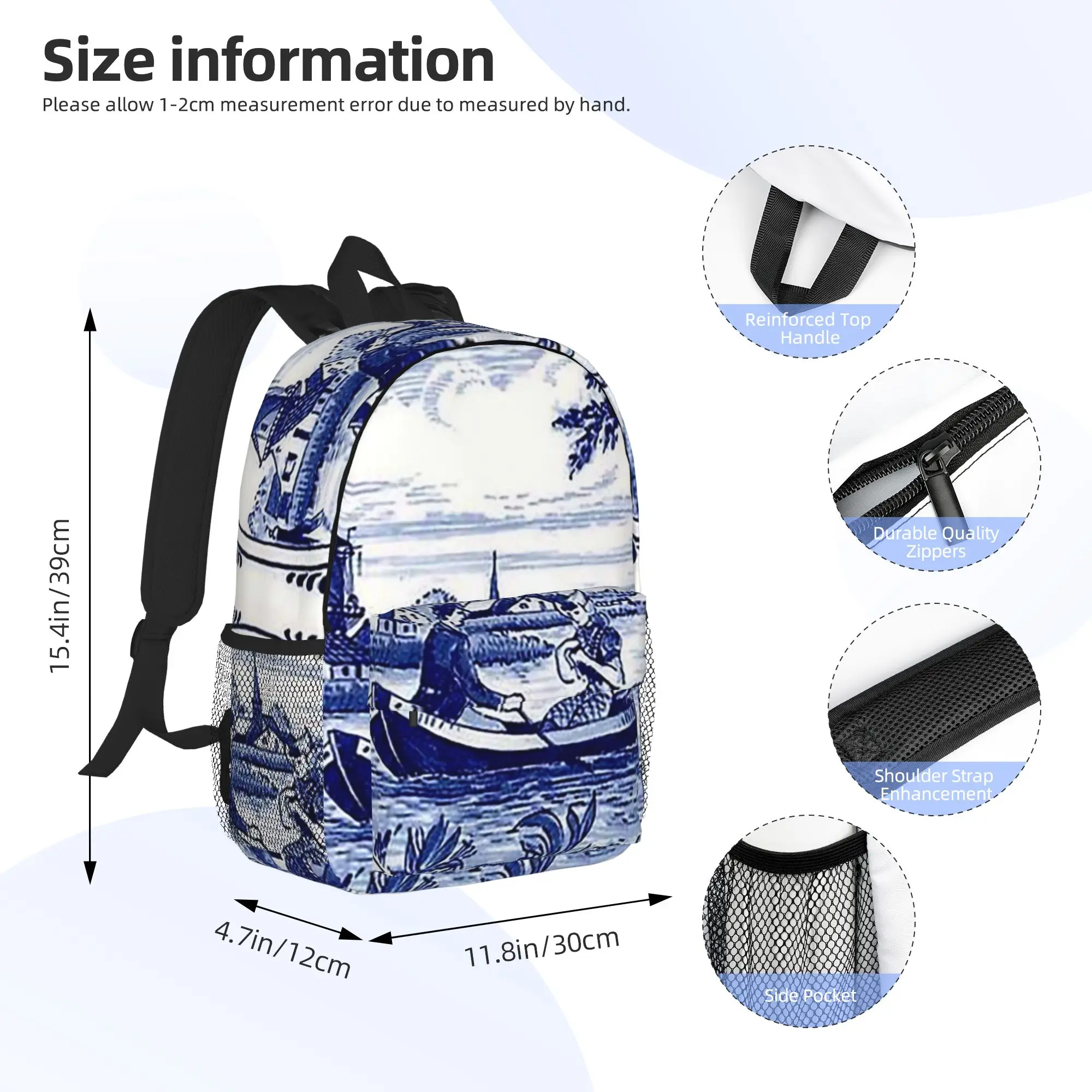 Dutch Blue Delft Windmill Church And Sailboats Backpack Hot Sale Daypack Boy Girl BookBag Shoulder Bags for Men Women School Bag