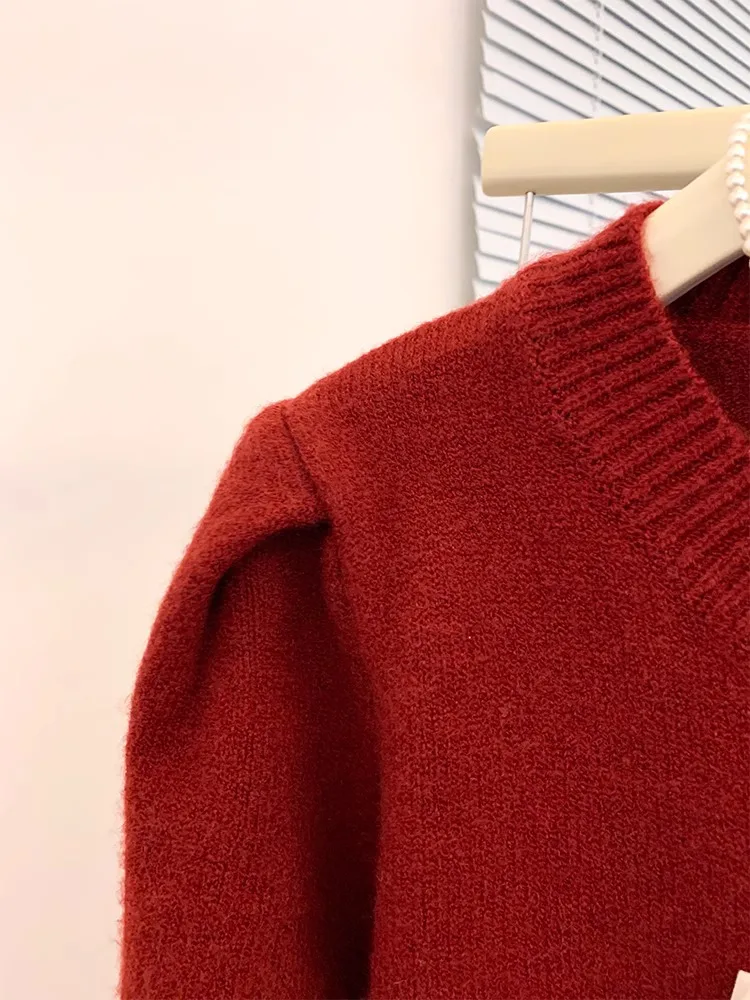 Women French Round Neck Red Pearl Bead Decor Sweater Short Sleeves With Sleeves Bubble Sleeves Knitwear Top Autumn Winter New
