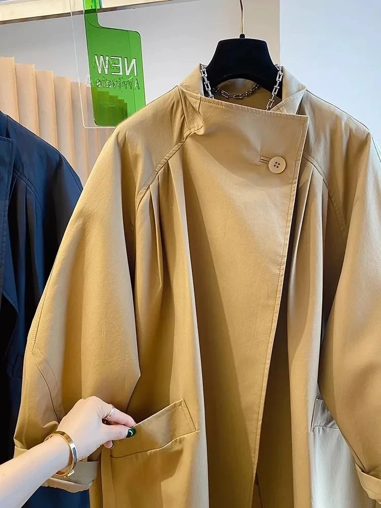 Women's Casual Loose Mid Long Windbreaker Lining Jacket Khaki Black Top High End Stand Up Collar Outwear 2025 Spring Plus Size