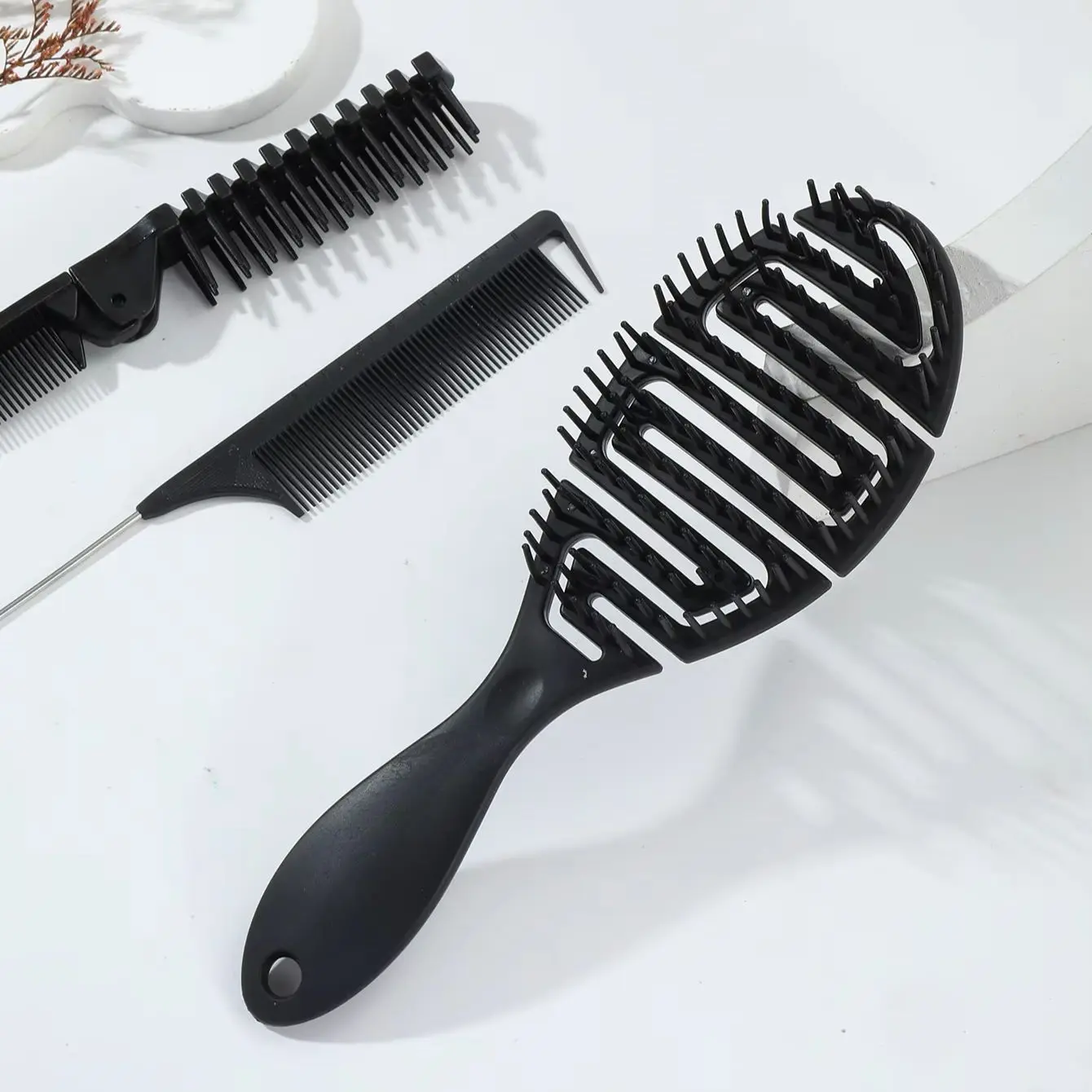 مجموعة مشط شعر مكونة من 3 قطع، مشط محمول قابل للطي، فرشاة تدليك فروة الرأس، مشط ذيل الفئران بإبرة معدنية خاصة للشعر المستعار الحقيقي