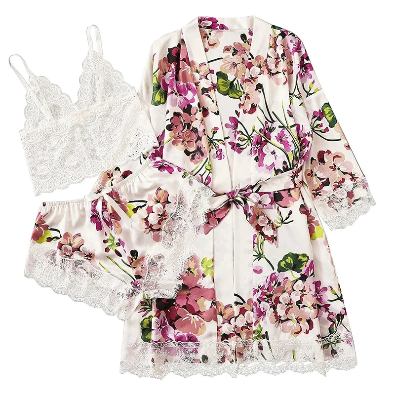 Women\'s Sexy Fashion Plus Size White Flower Print Three Piece Lace Strap Plus Shorts And Gown Pajama Set