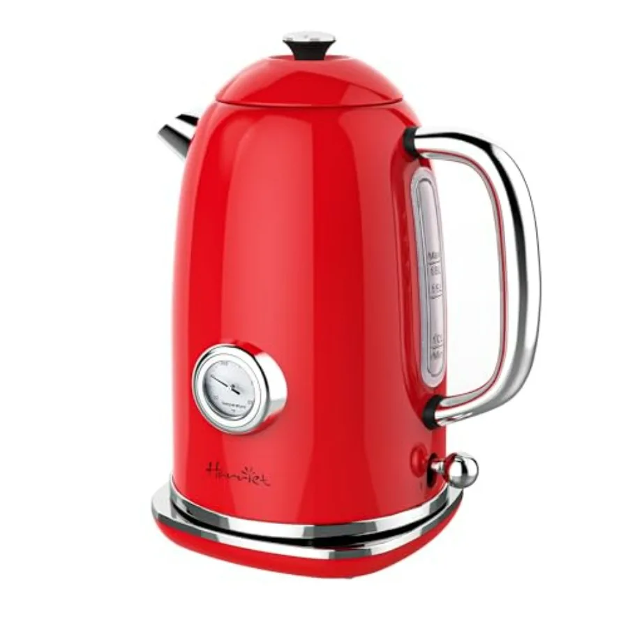

Electric Kettle 1.8L Retro Stainless Steel Hot Water Kettle with Thermometer 1500W Fast Boiling Cordless Auto Shut-Off Red LED