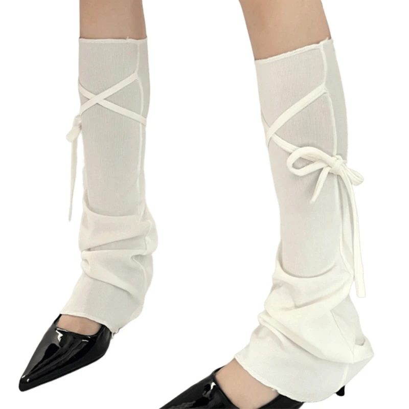 Women Flared Leg Warmers with Tie Up Bandage Solid Color Long Foot Covers Socks