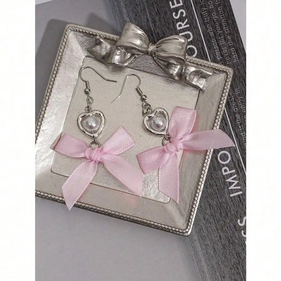 

Pink Bow Heart Faux Pearl Drop Earrings For Women Party Daily Wear