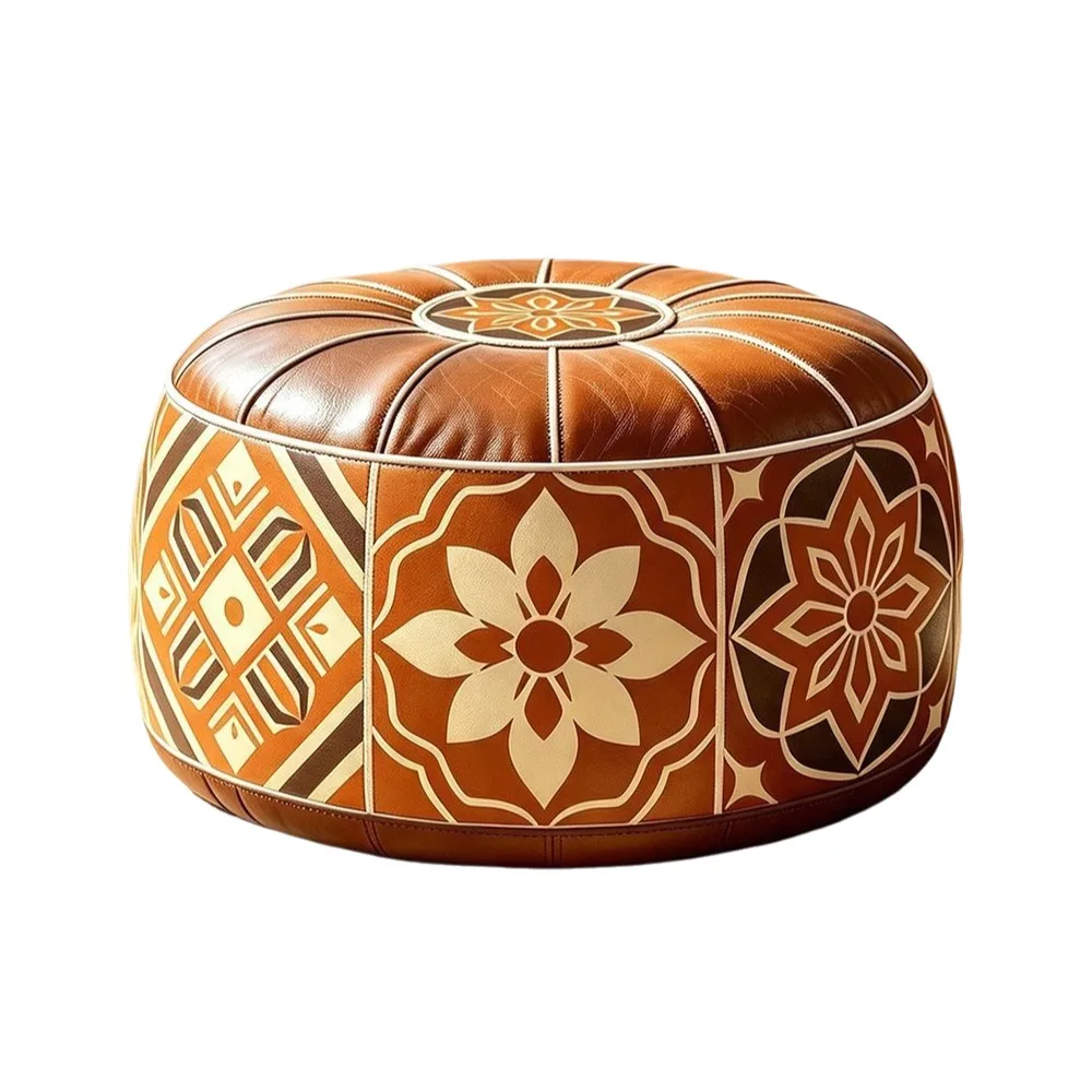 Boho Pattern Ottoman Pouf PU Leather Fillable Design Footstool Cover Water Resistant Large Opening Round Pouf Cover Living Room