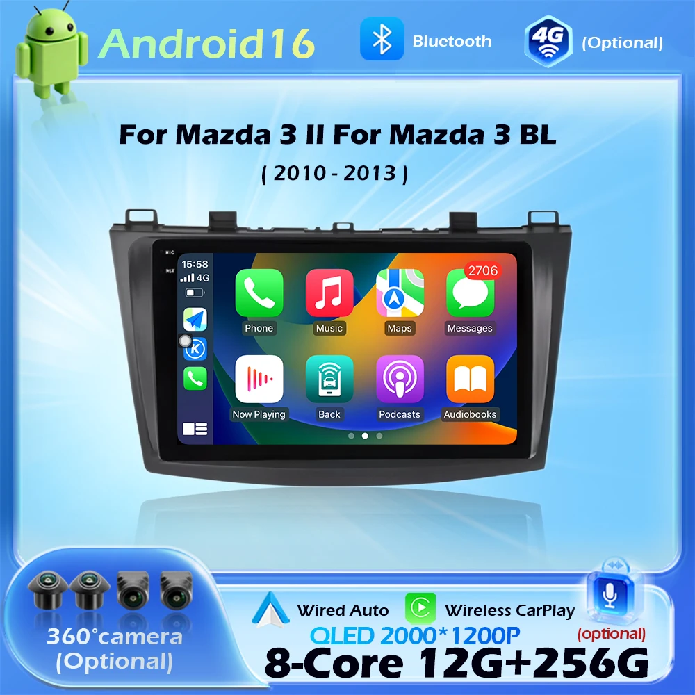 

For Mazda 3 II For Mazda 3 BL 2010- 2013 Android16 Carplay Auto 4G+WIFI GPS Car Radio Navigation Multimedia Video Player Stereo