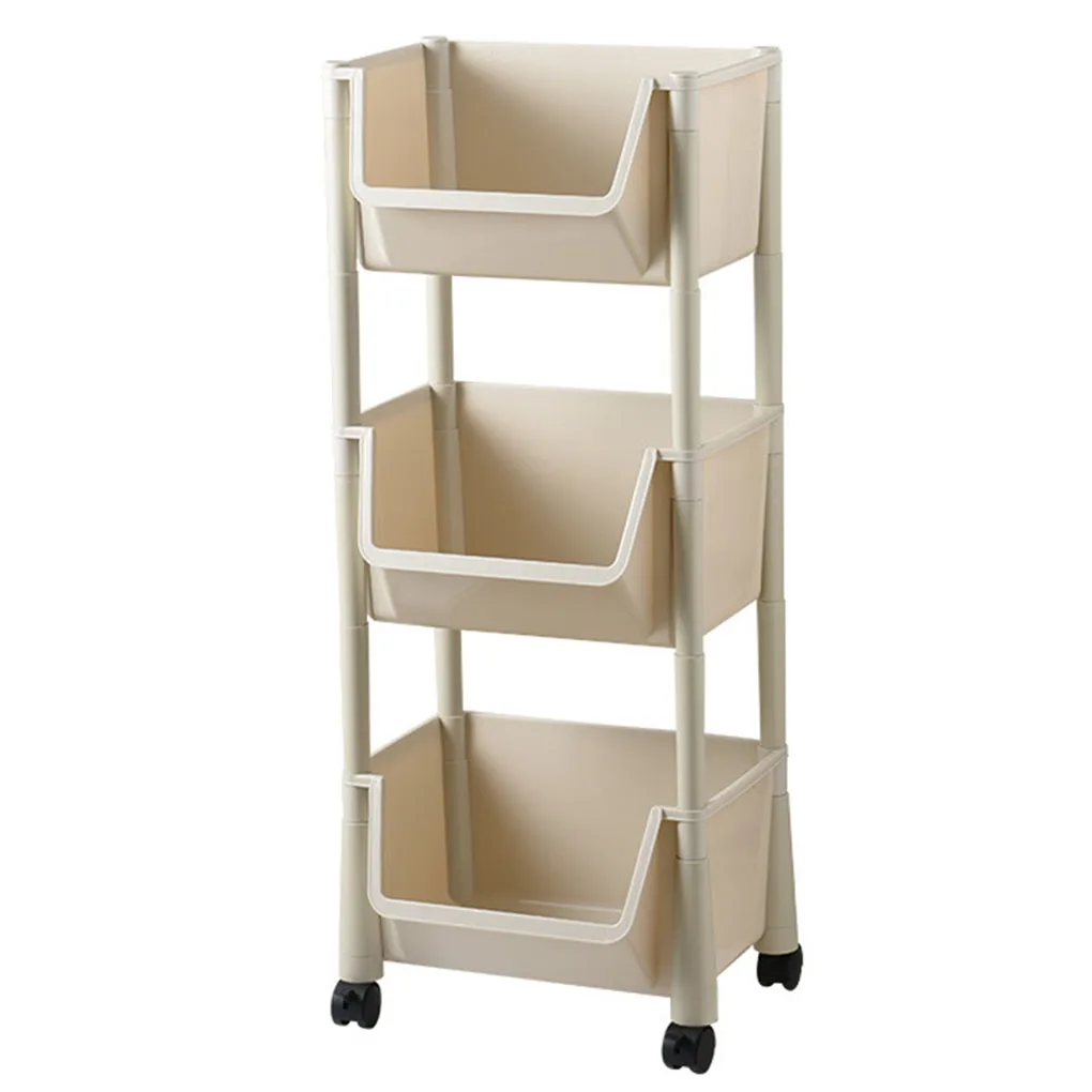 

Kitchen Storage Shelf with Wheels Multi-function Movable Cart Laundry Layered Organizer Rack, Beige, 3 Layer