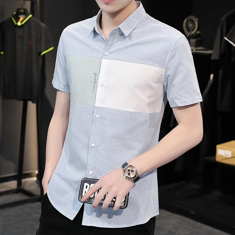 

2024 New Spring/Summer Fashion Brand Splicing Colored Polo Collar Short Sleeve Youth Top Versatile and Simple Men's Casual Shirt