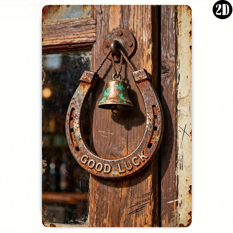 Vintage Horseshoe Wall Decor with Bell, Heavy Wrought Iron Good Luck Charm Sign for Home Office Pub