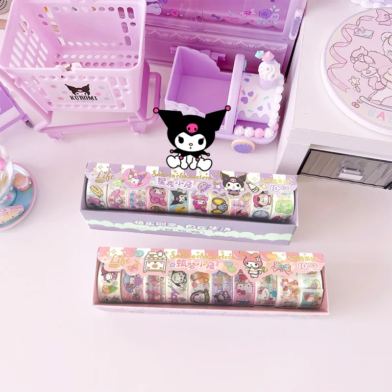 10 Rolls of Sanrio Kuromi Melody Hello Kitty Cartoon Tape Stickers Children\'s Creative DIY Handbook Tape