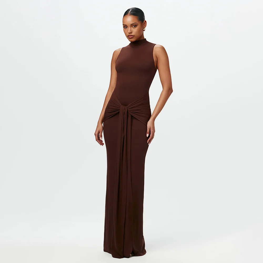 

Half High Collar Irregular Solid Tank Evening Dress for Women 2025 Black Elegant Sleeveless Bodycon Ruched Sexy Long Prom Dress