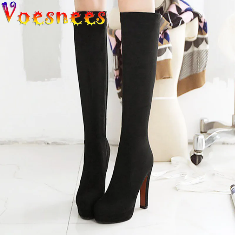 High Quality Suede Knee-High Long Boots Classic Short Plush Warm High Heels Side Zipper Autumn And Winter Fashion Women Shoes