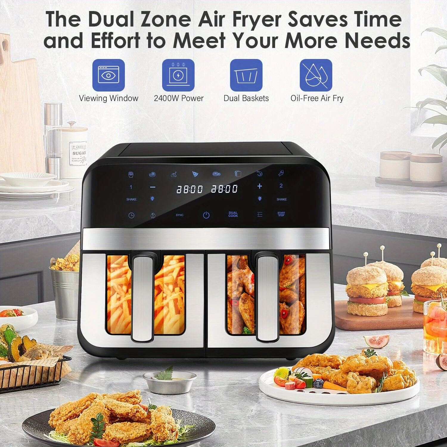 Air Fryer Dual Zone 2 Drawe Efficient With Rapid Air Circulation | Fully Adjustable+8Pre-sets For Healthy Oil Free قلاية هوائية