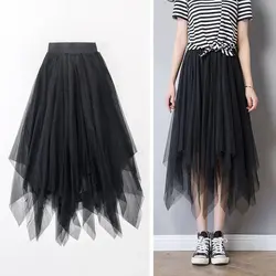 Falda asimétrica para mujer, falda Midi de tul con tutú de malla y volantes de cintura alta para primavera y otoño, falda Midi negra, faldas de tul para mujer