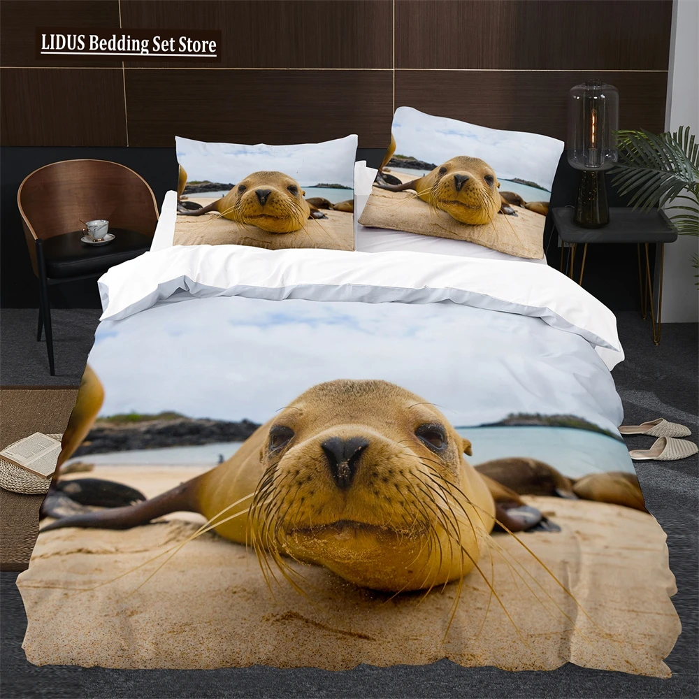 

Sea Lion Duvet Cover King Queen Size Lovely Ocean Animals Bedding Set For Kids Boys Girls Blue Sea Beach Polyester Quilt Cover