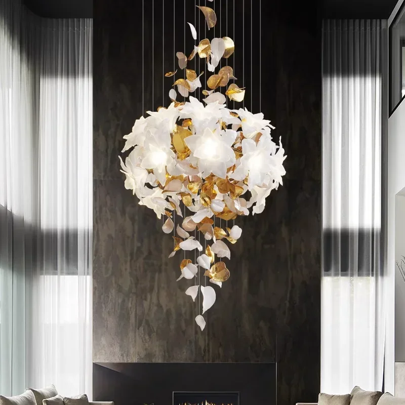 

Duplex Villa Chandelier Pick High School Empty Fashion Living Room Crystal Light Luxury Designer Flower Shaped Luxury Chandelier