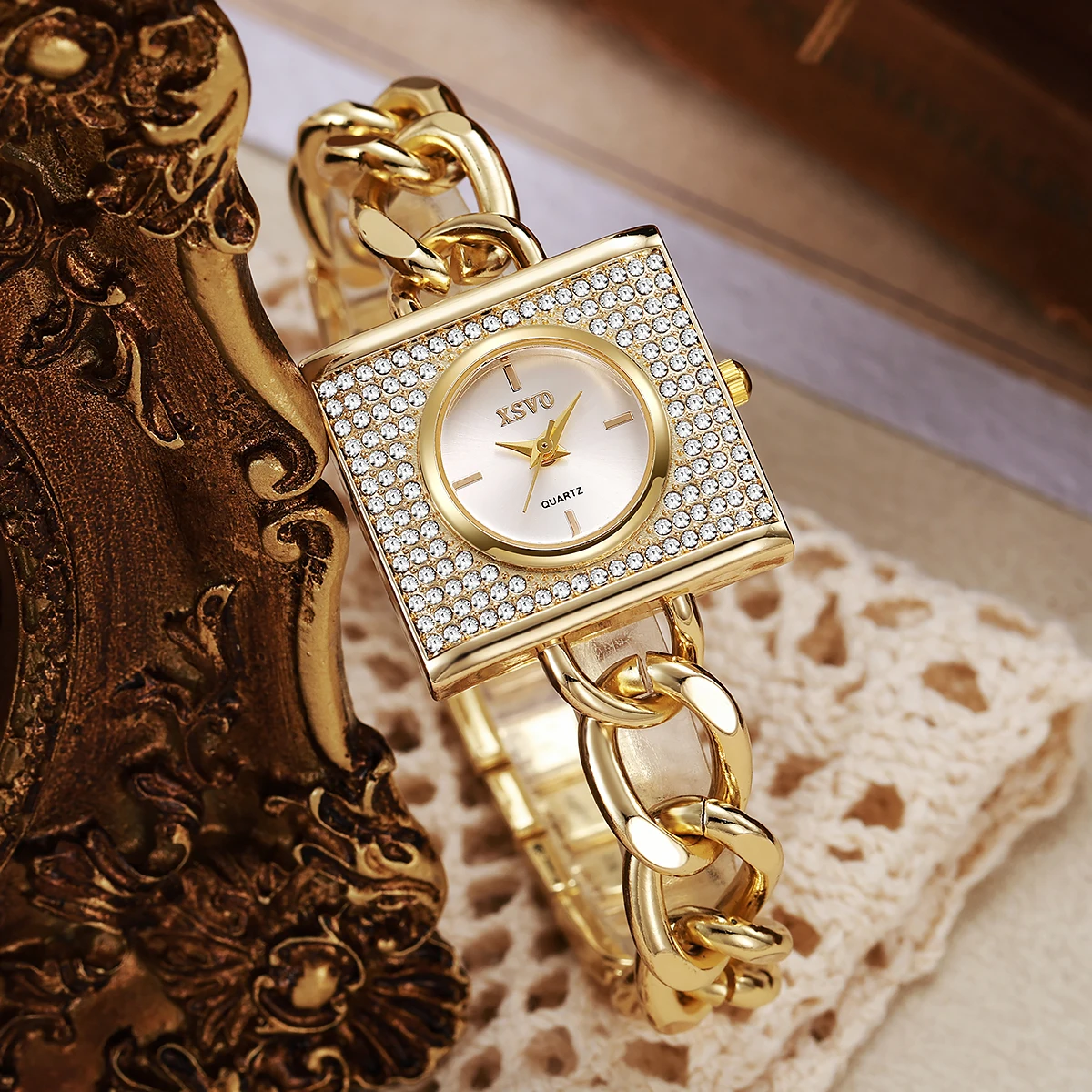 ساعة كوارتز نسائية فاخرة ذات قرص مربع صغير وحزام على شكل سلسلة لهدايا عيد الميلاد والهالوين #4